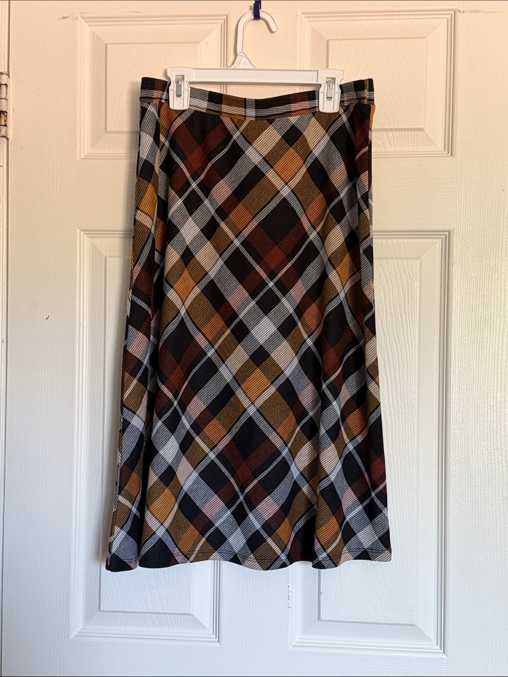 Plaid Midi Skirt in Black, Brown & Mustard